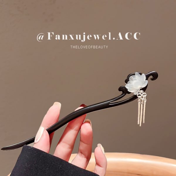 古风莲花檀木发簪女中式步摇流苏盘发簪子日常简约高级感发钗配饰