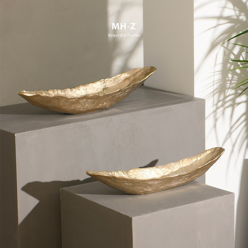 进口轻奢锤纹g金色半月形托盘侘寂家居花艺玄关样板房软装果盘摆