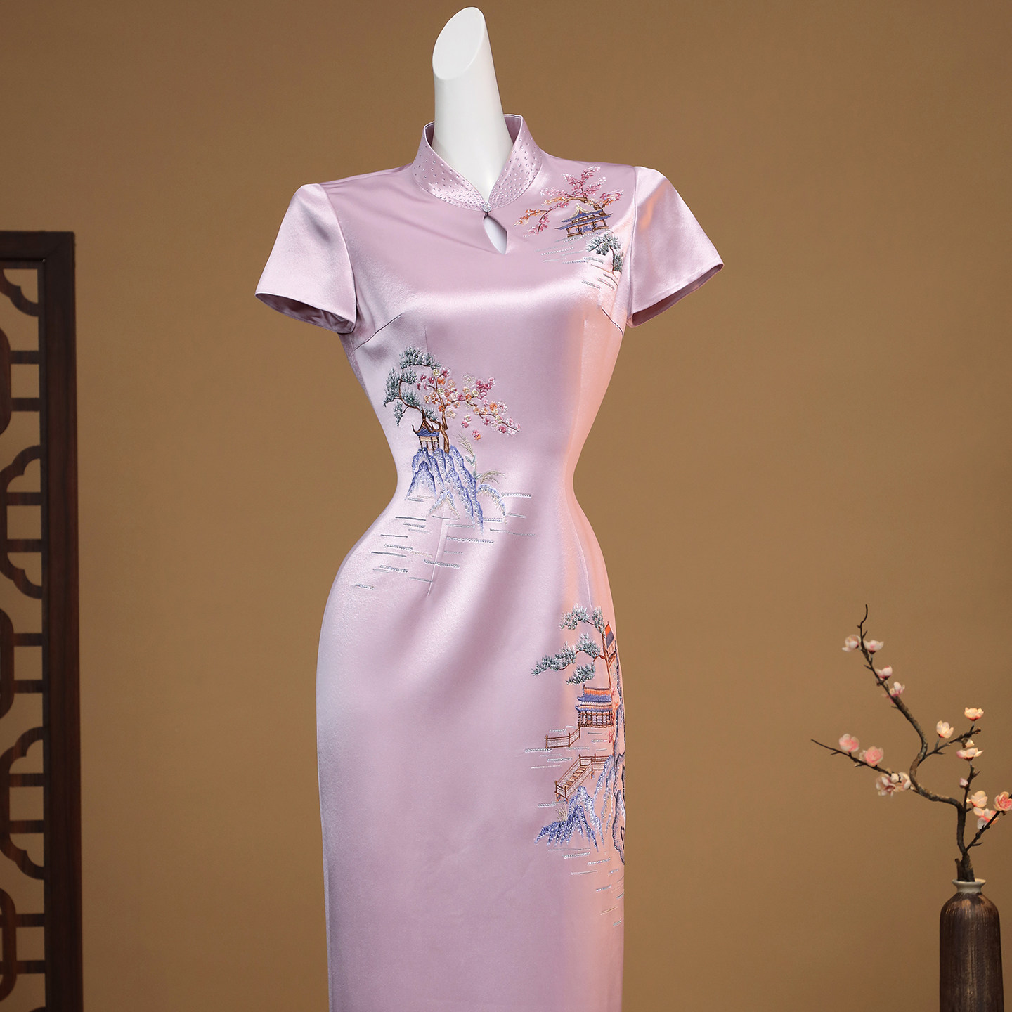 回娘家醋酸刺绣旗袍妈妈礼服订婚