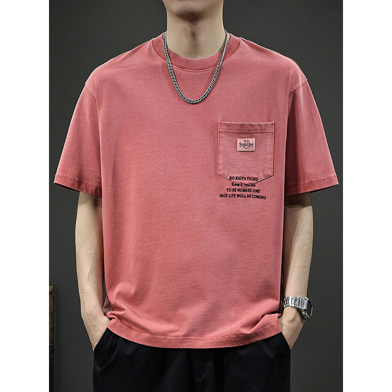 夏季薄款趣味口袋纯棉休闲短袖t恤男美式宽松圆领百搭半袖体恤衫