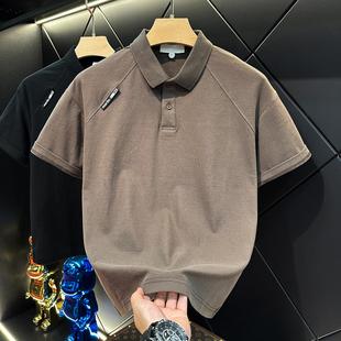 休闲T恤 轻奢高端男夏修身 polo衫 咖啡色微落肩青年翻领短袖 短阔版