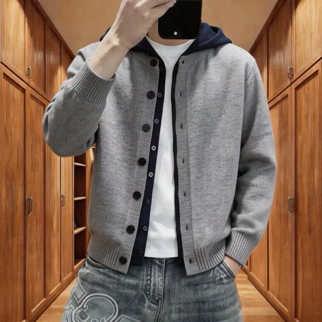 【轻奢时尚】秋冬季男士连帽百搭潮流休闲宽松帅气假两件针织外套