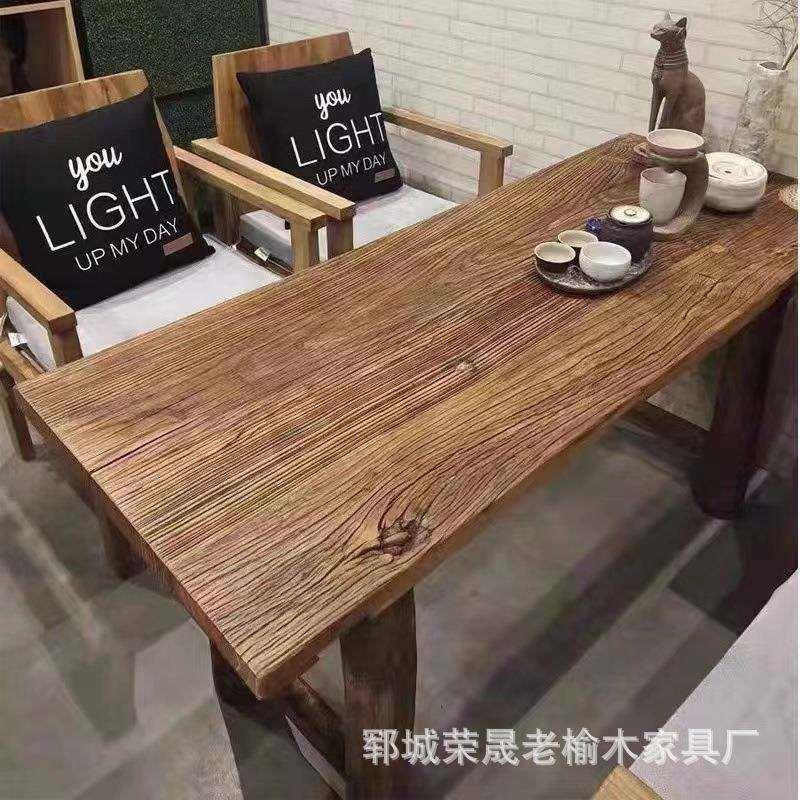 覆古老榆木茶桌长方形做旧老门板禅意茶桌多人位功夫泡茶桌餐桌椅