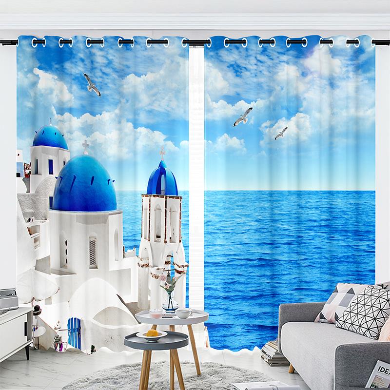 全屋定制地中海风格窗帘北欧3d立体大海海景风景画客厅卧室隔断帘