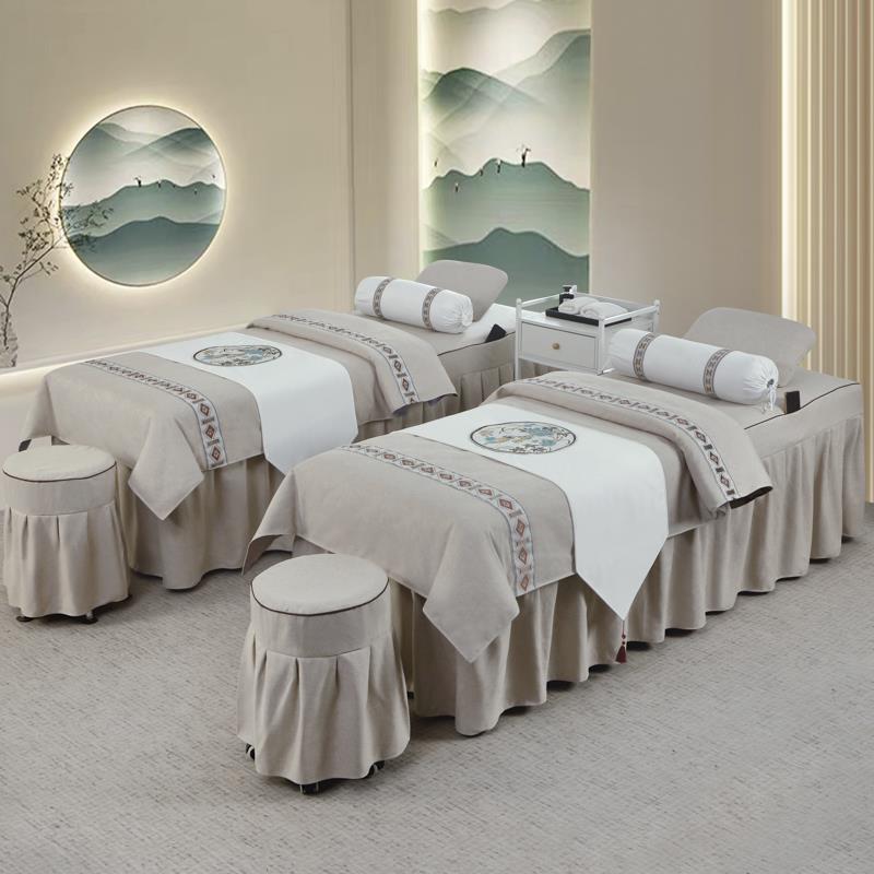 美容床罩四件套简约带洞美容院专用按摩推拿加厚纯色棉麻床套单件