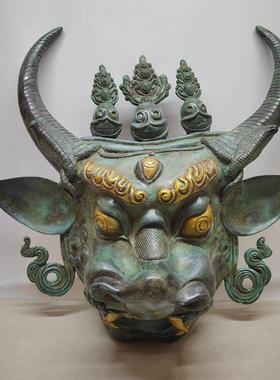 精品古玩铜器居家客厅装饰工艺品仿古青铜器鎏金牛头挂件玄关摆件