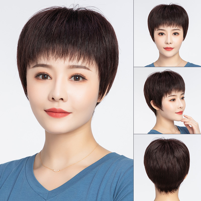 假发女短发全头套真人发丝短直发中老年女士自然妈妈波波头套舒适