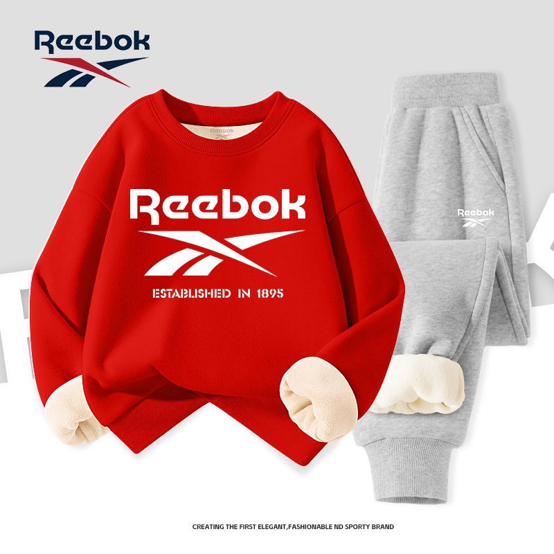 Reebok锐步儿童加绒套装女童2025新款红色卫衣男童冬季休闲两件套