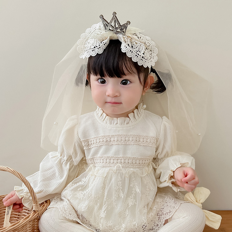 女童生日帽礼服头纱女宝宝周岁公主发簪一岁婴儿皇冠头饰婚纱发饰