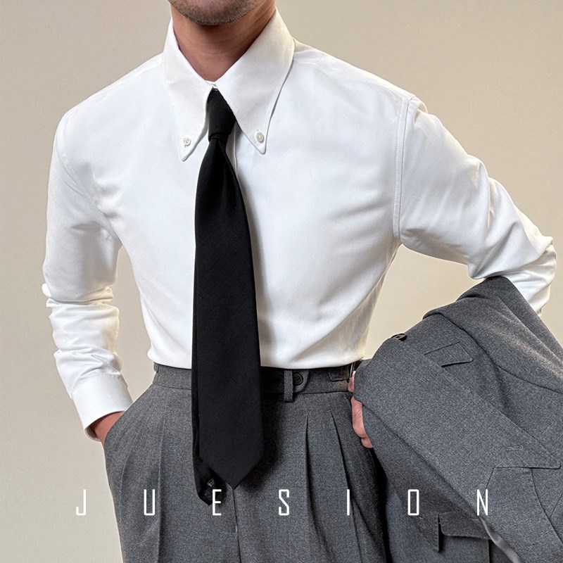 JUESION 春秋款意式大尖领白色衬衫男长袖修身高级感休闲商务衬衣