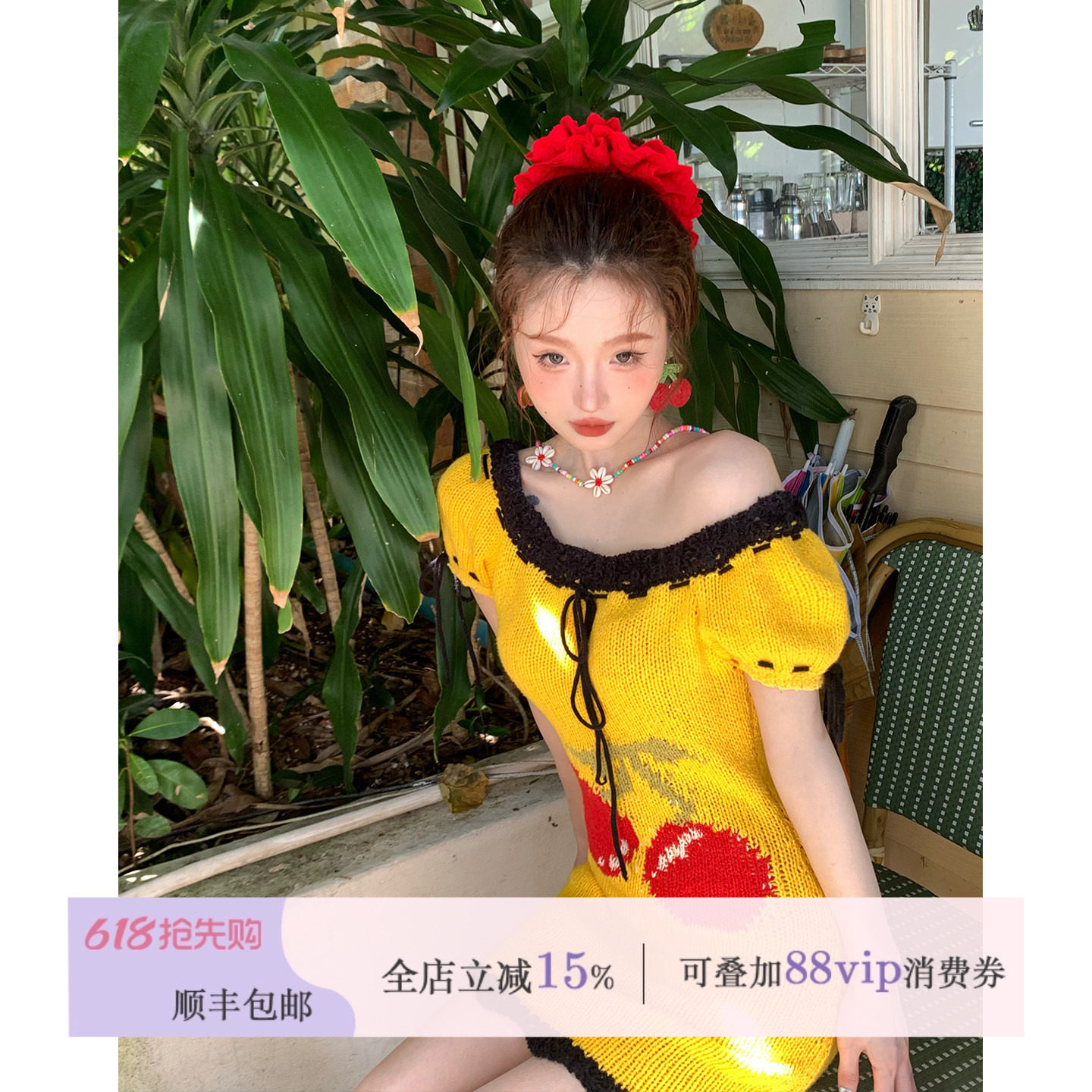 脊枝cidhiidhi2025ss 原创樱桃提花泡泡袖花边针织连衣裙