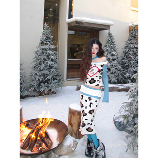 脊枝cidhiidhi2025AW原创豹纹爱心提花撞色花边上衣半裙