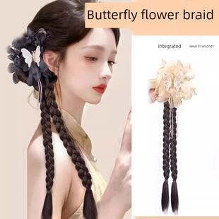 假发辫子女彷真发抓夹自然百搭蝶恋花流苏双麻花侧扎高马尾辫假发