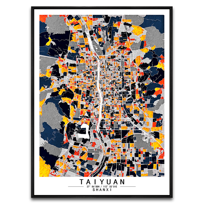山西太原城市地图挂画彩色色块简欧客厅背景装饰画玄关创意艺术画图片