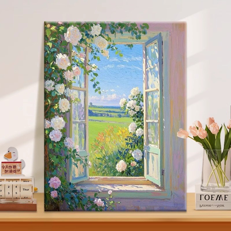 白玫瑰叙事diy数字油画丙烯手工绘填充涂色治愈系窗边风景装饰画图片
