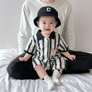 婴儿夏季 风爬服婴幼儿满月百天包 连体衣男宝宝夏装 洋气时髦D工装