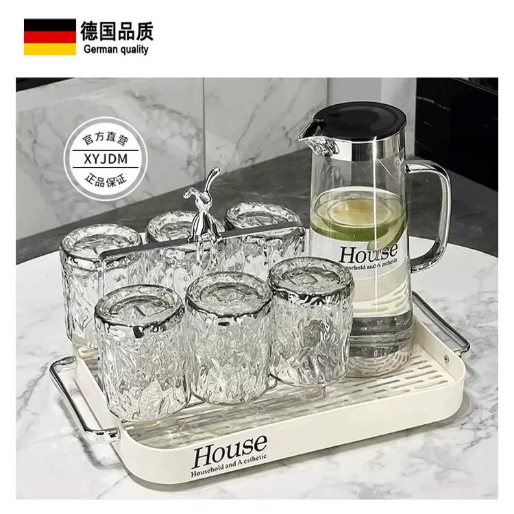 德国高颜值轻奢镀银玻璃水杯套装耐高温带沥水盘喝水杯果汁杯茶杯