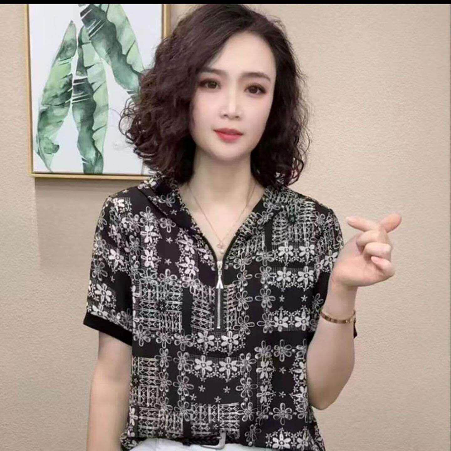 叙溪约女装印花连帽短袖T恤中老年气质半袖卫衣夏季女士薄款上衣