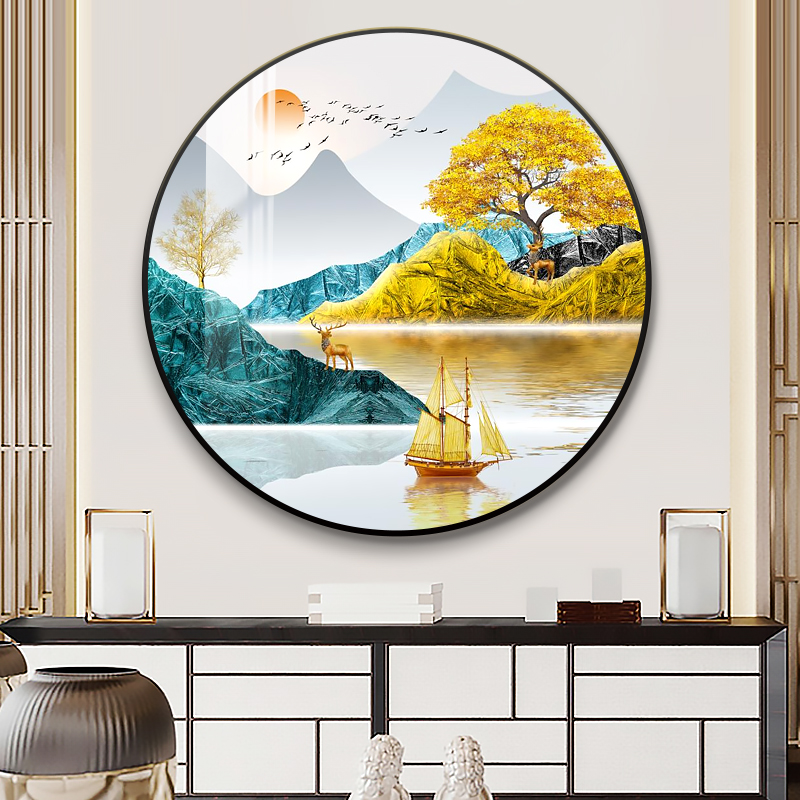 发财树一帆风顺玄关装饰画客厅沙发背景墙圆形中国风山水晶瓷挂画图片