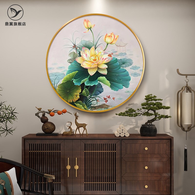 新中式荷花圆形画玄关装饰画过道壁画花卉油画餐厅背景墙挂画手绘图片