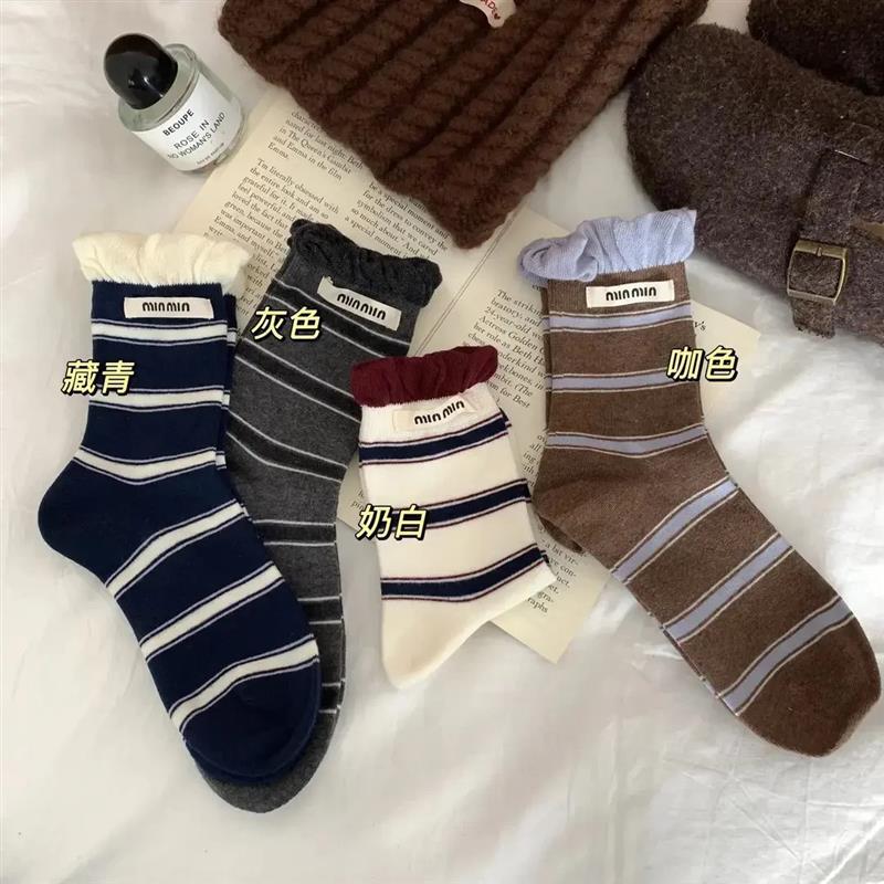 韩系泡泡口条纹秋冬中筒袜子无骨棉袜百搭ins复古堆堆女袜-G