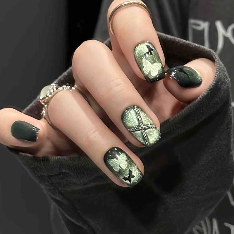 甜酷辣妹风夏日爆闪猫眼幻彩镂空暗黑蝴蝶美甲成品手工定制穿戴甲