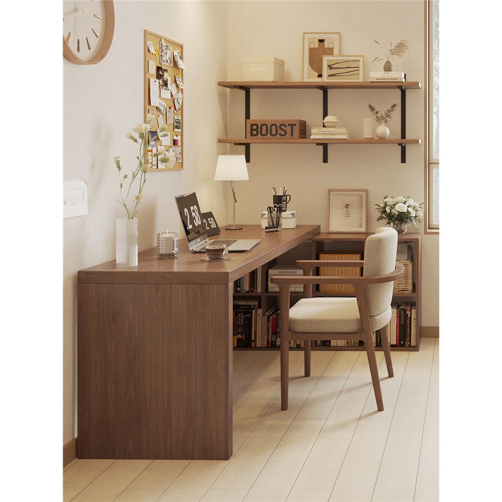 实木l型转角书桌书架书柜一体拐角电脑桌学生家用长条学习办公桌
