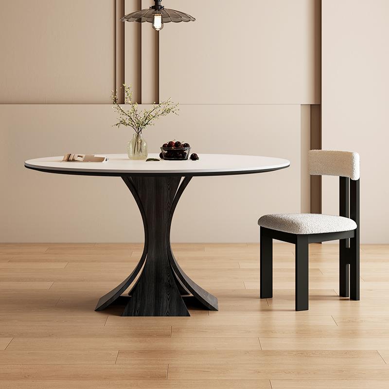 法式复古实木圆餐桌家用岩板圆形圆桌现代简约意式德利丰纯白桌椅