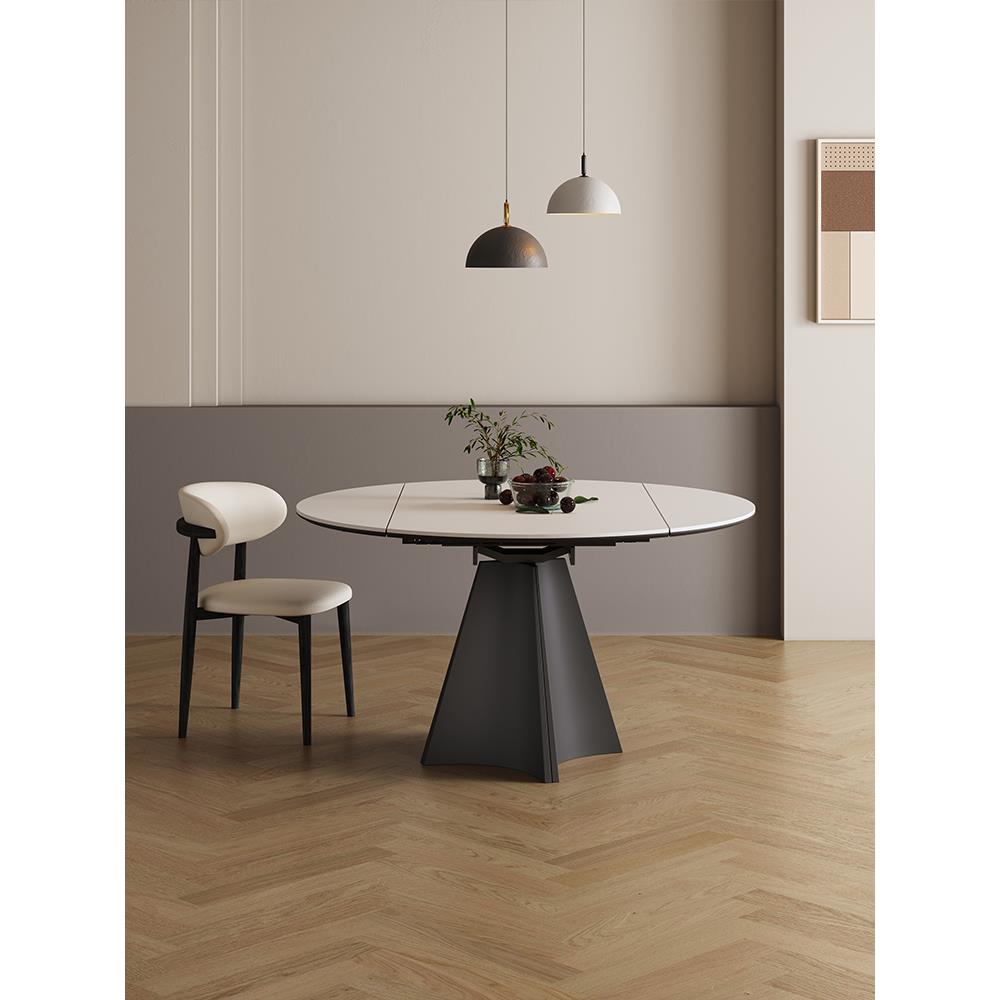 全可伸缩石板餐桌，圆形法式极简家居圆桌，方形和圆形两用旋转和