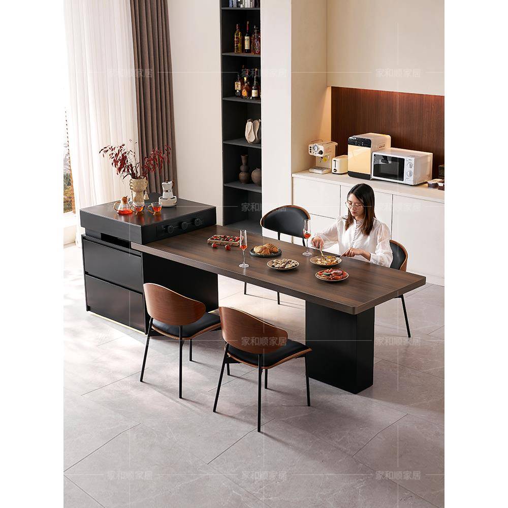 意式极简岩板岛台餐桌一体可伸缩家用中岛台餐桌椅组合开放式厨房