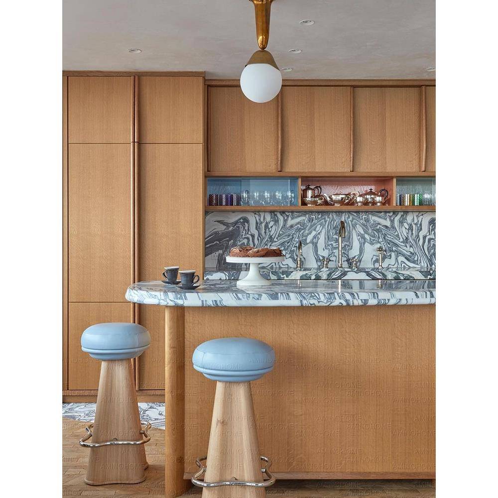 Aminohome 北欧实木吧椅家用岛台餐椅法式覆古吧台高脚椅子圆吧凳