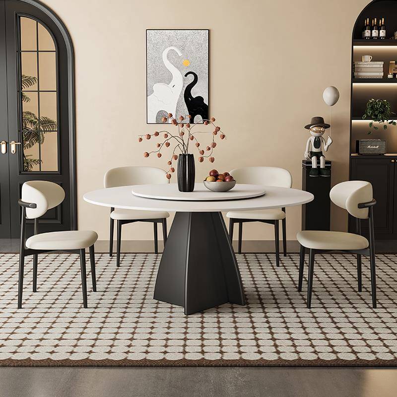 法式岩板餐桌家用黑色圆形带转盘意轻奢式现代简约纯白覆古圆餐桌