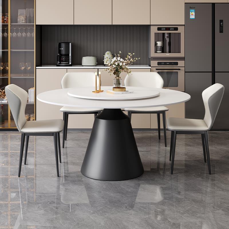 岩板餐桌椅组合意式轻奢家用中小户型圆桌现代简约带转盘圆形饭桌