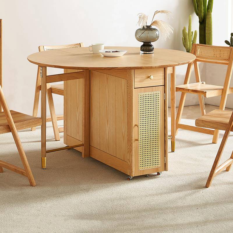 小户型折叠圆形实木餐桌侘寂原木风可收纳伸缩饭台多功能家用椭圆
