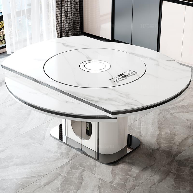 2025新款多功能带电磁炉暖菜岩板餐桌现代简约轻奢可伸缩圆形饭桌