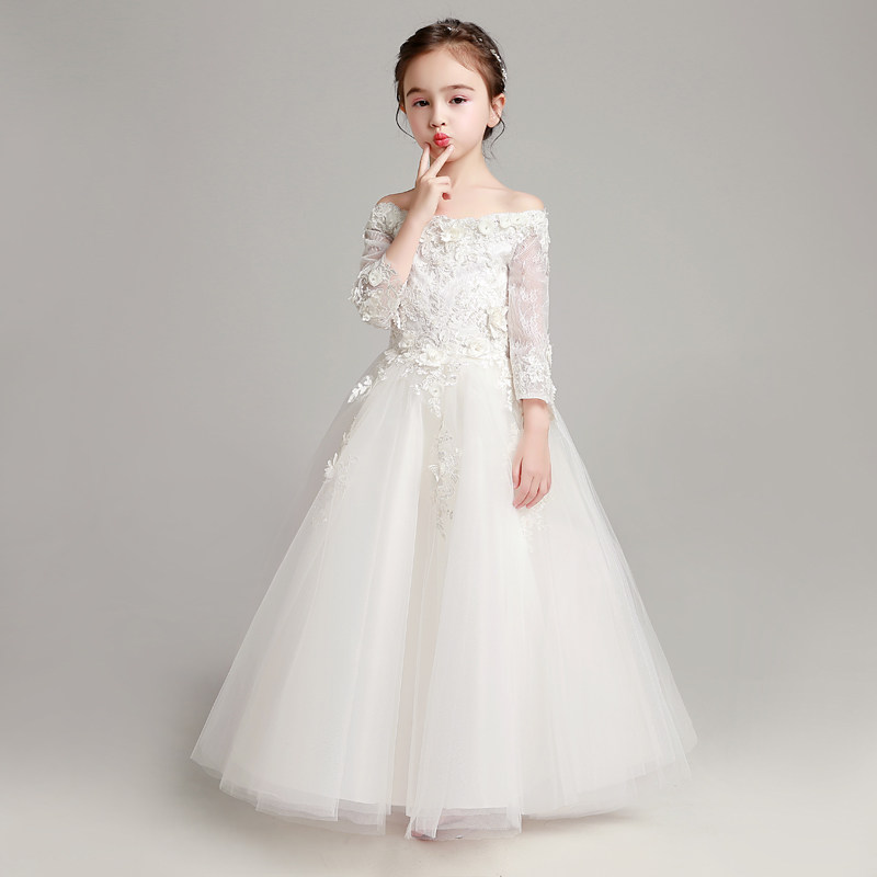 儿童晚礼服公主裙女童生日婚纱一字肩长袖款花童蓬蓬裙白色高端季
