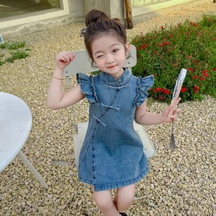 女童牛仔连衣裙2024夏季新中式国风盘扣女孩公主裙子洋气网红旗袍