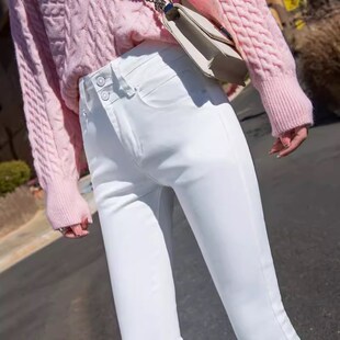 优质高端2024春秋白色牛仔裤女高腰紧身弹力小脚裤显瘦收腹长裤子