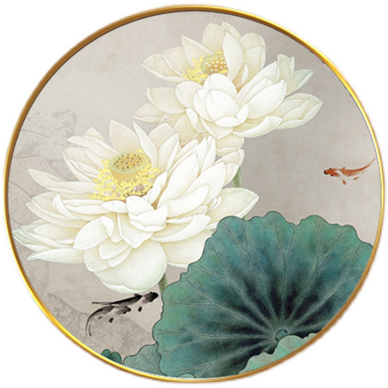 入户玄关装饰画走廊过道圆形挂画新中式荷花客厅晶瓷壁画餐厅墙画图片