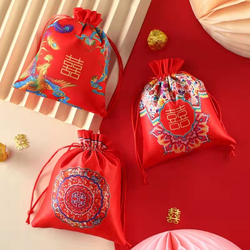 结婚创意喜糖袋子中式抽绳束口袋回礼袋拉绳手提袋糖果袋喜糖盒子