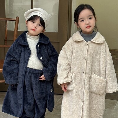 儿童法兰绒睡衣长款男童秋冬季宝宝睡袍男孩女童珊瑚绒家居服套装