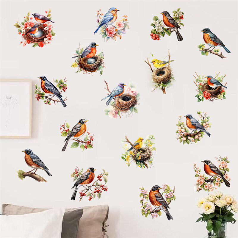 自粘防水遮污喜鹊树枝画眉小鸟墙贴客厅卧室儿童房鸟窝墙贴画