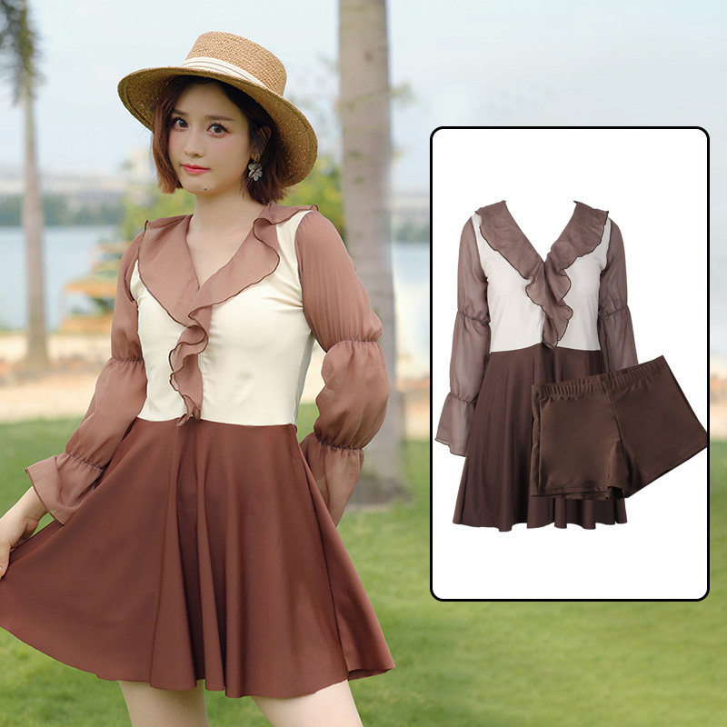 大码泳衣女胖mm200斤裙式分体两件套保守N长袖泡温泉遮肚显瘦泳装