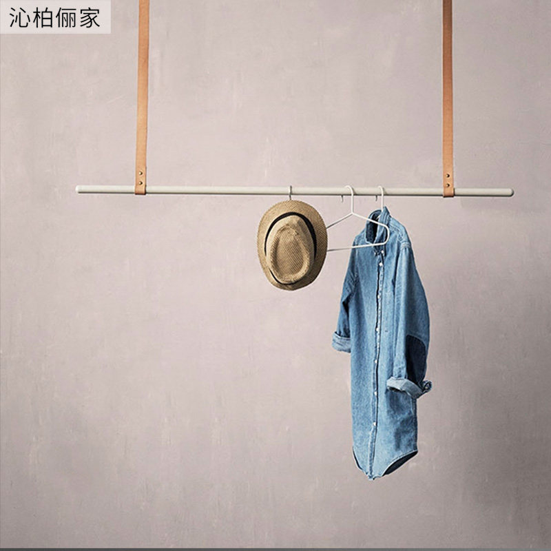 悬挂实木衣架皮质衣帽架吊杆服装店挂衣杆壁挂墙S上次净衣区挂衣