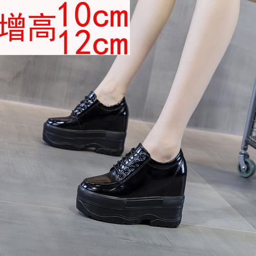 秋款冬季小皮鞋女内增高跟12公分单鞋10cLm厘米小个子厚底松糕鞋