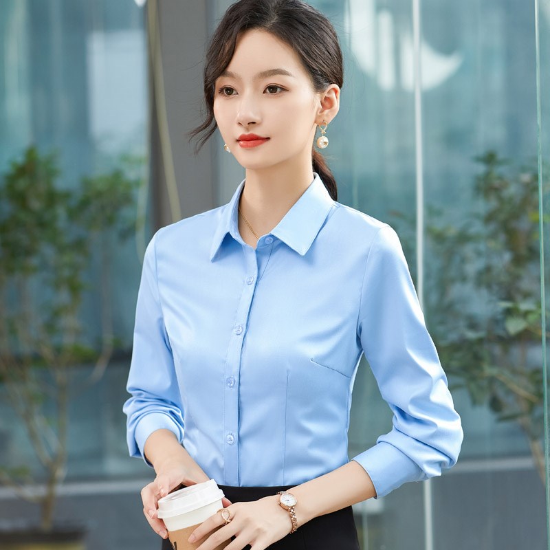弹力职业装衬衫女长袖气质工v作服免烫抗皱春秋工装蓝色正装衬衣