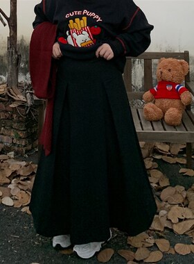 小胖噔 高腰中长款百褶半身裙女秋冬微胖大码胖mm灰色复古a字裙子