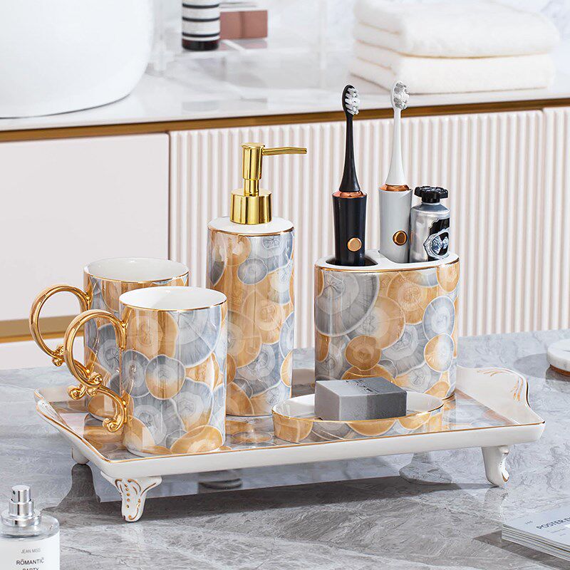 大理石纹陶瓷洗漱杯套装轻奢高级浴室用品套件欧式漱口杯托盘家用