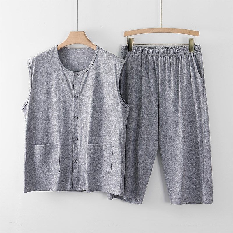 中老年人男士宽肩开衫背心对襟砍袖家居服高腰七分裤套装夏季汗衫