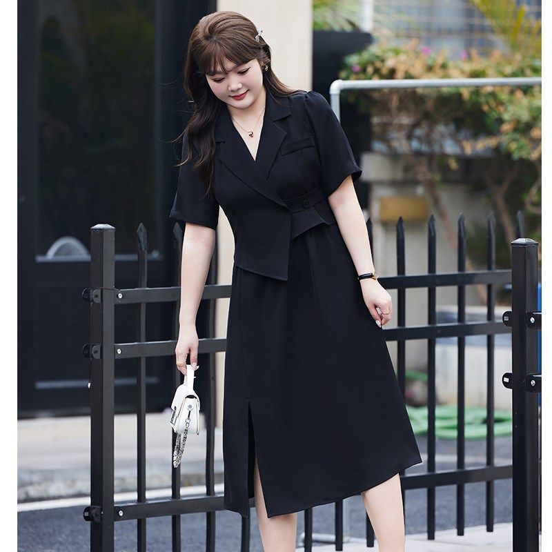 显瘦大码胖MM假两件套装连衣裙短袖夏季新款气质西装领收腰小黑裙